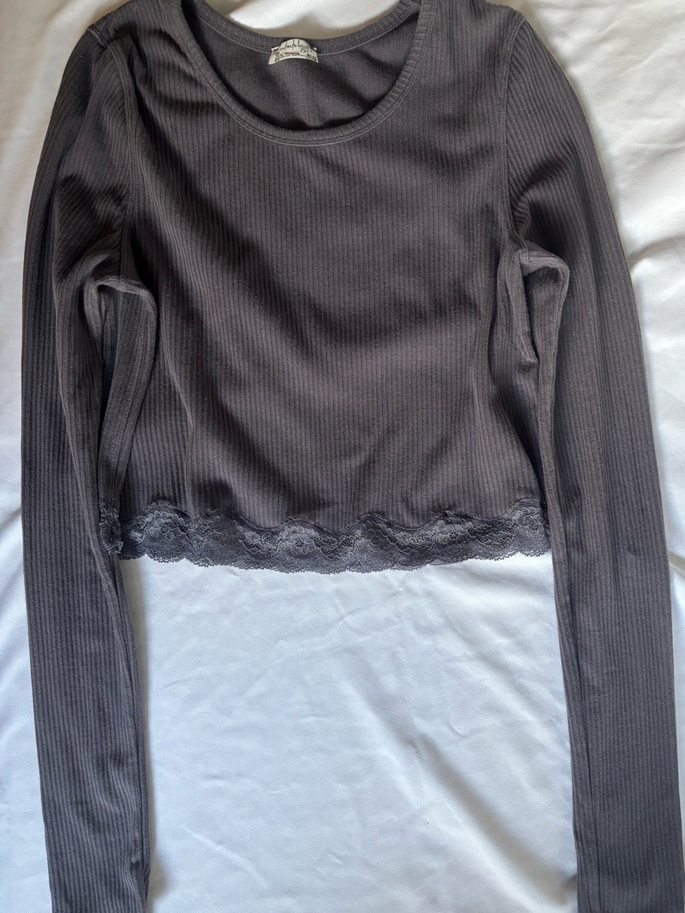 Free People Ribbed Lace-Hem Long Sleeve Top - Blue Gray